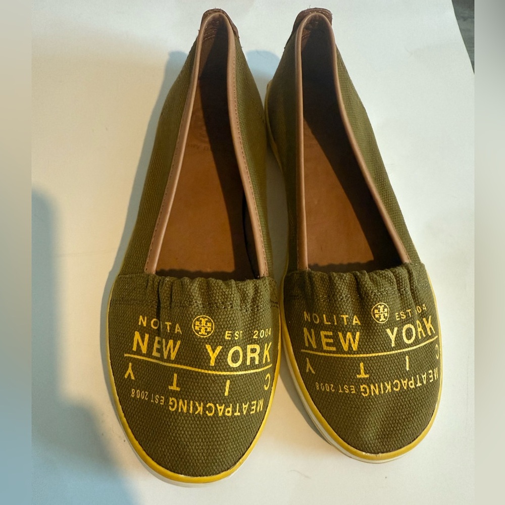 Tory Burch Beige and Olive Slip-On Loafers